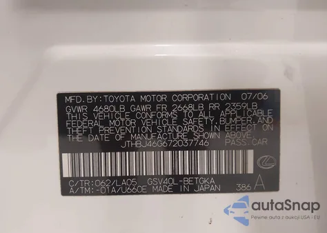 2007 Lexus Es 350 from USA, damaged, VIN JTHBJ46G672037746